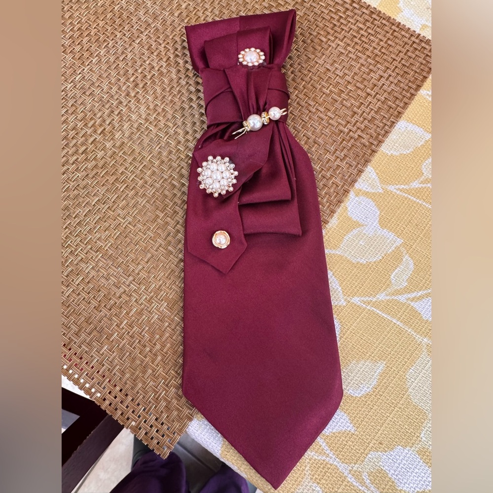 Handmade Pearl-Embellished Burgundy Satin Tie Necklace